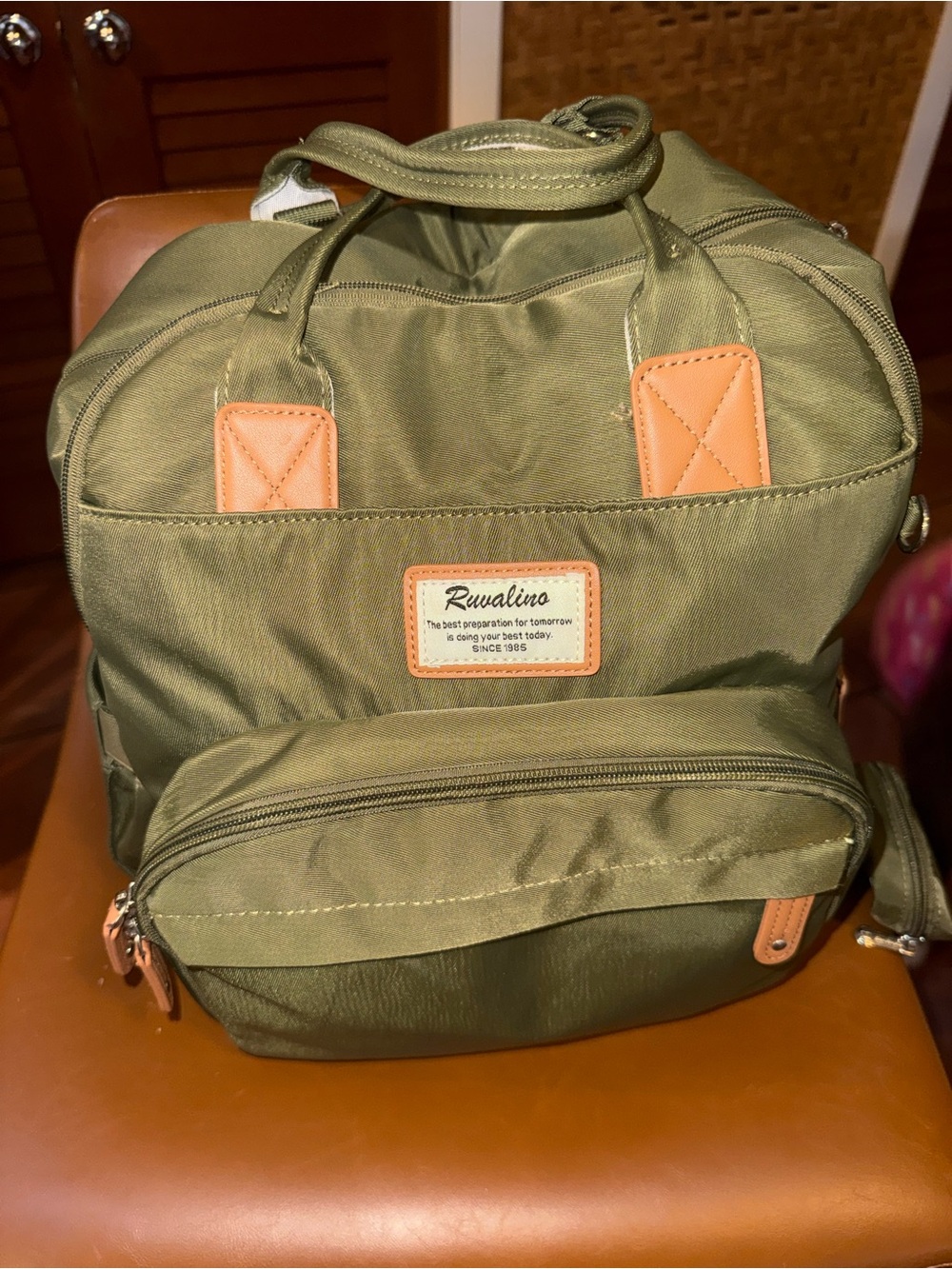 Ruwalino Olive Green Kids Backpack with Tan Accents